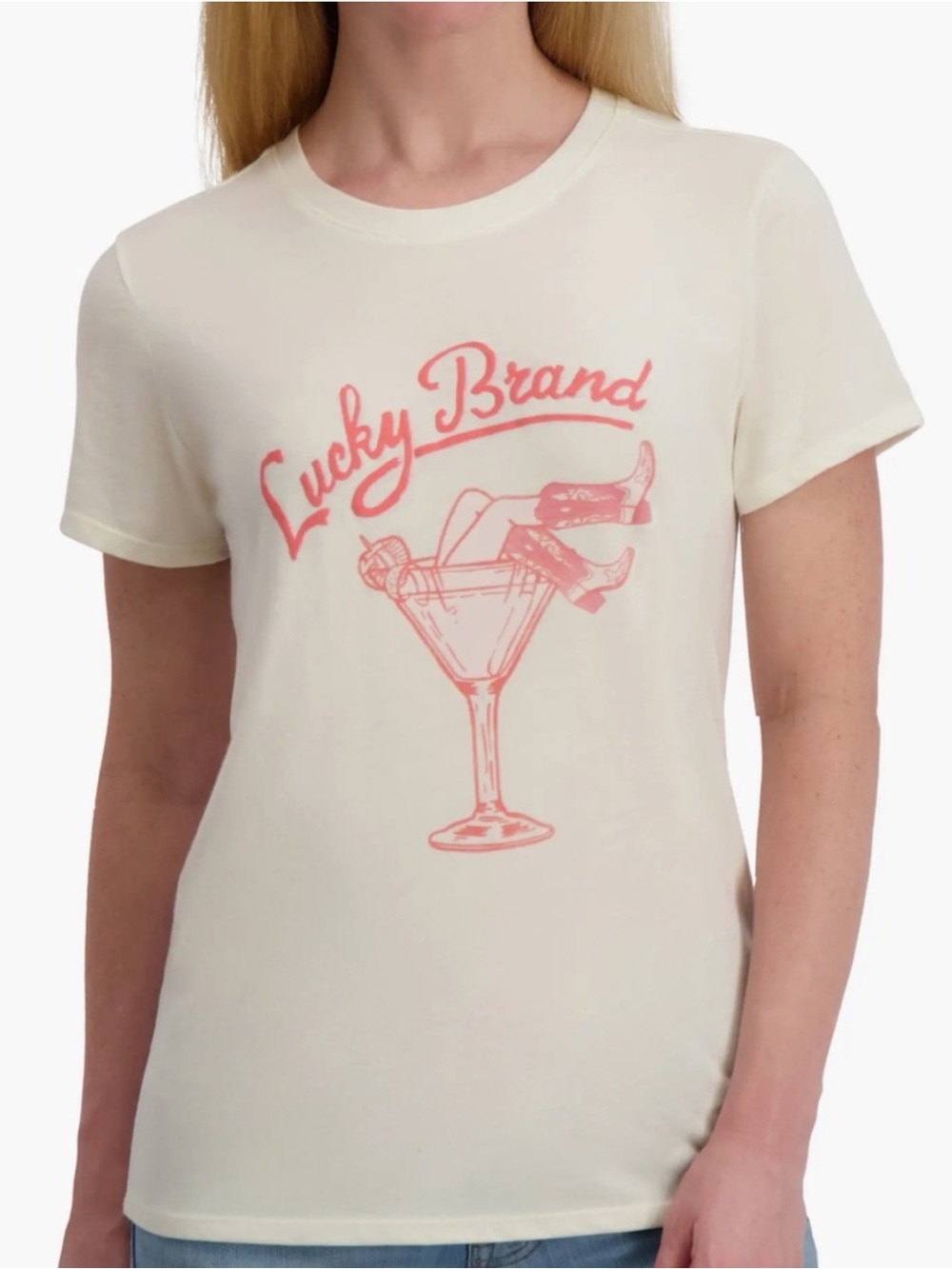 Lucky Brand Women M Cream Short Sleeve Cowboy Boots Martini Graphic T-Shirt NWT